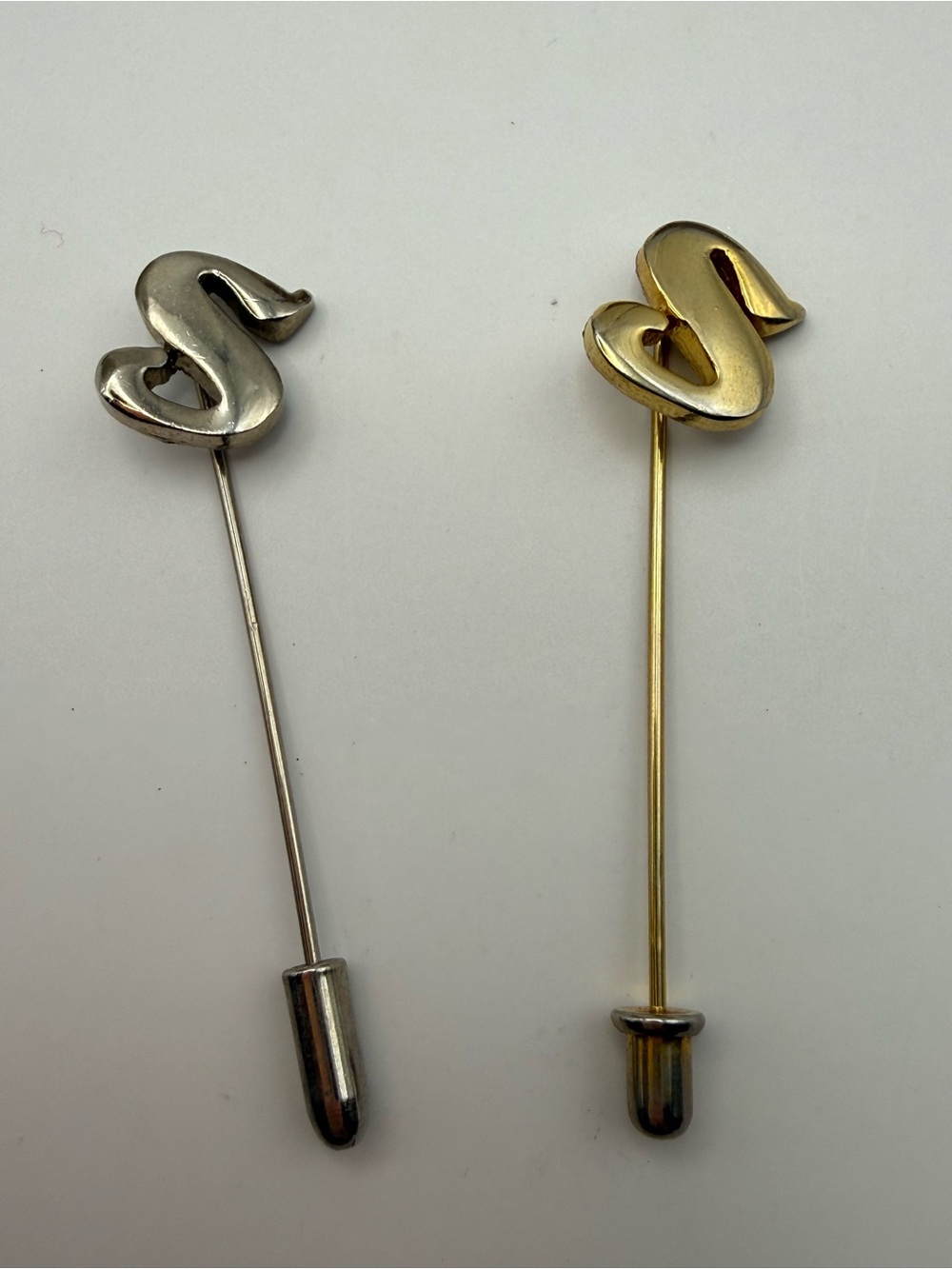 Vintage Gold & Silver Tone Initial “S” Stick Pins – Set of 2